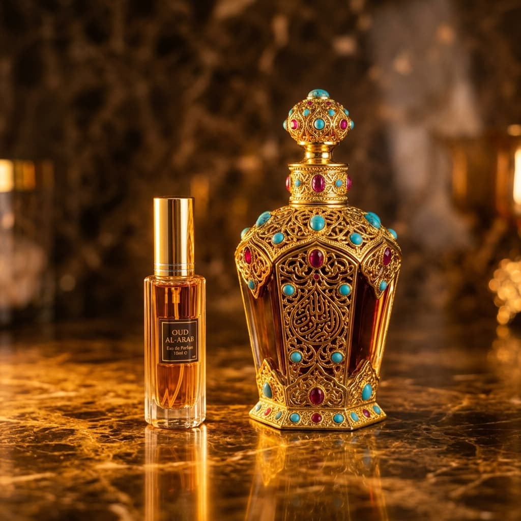 Frasco decant de 10ml ao lado do frasco original de perfume árabe