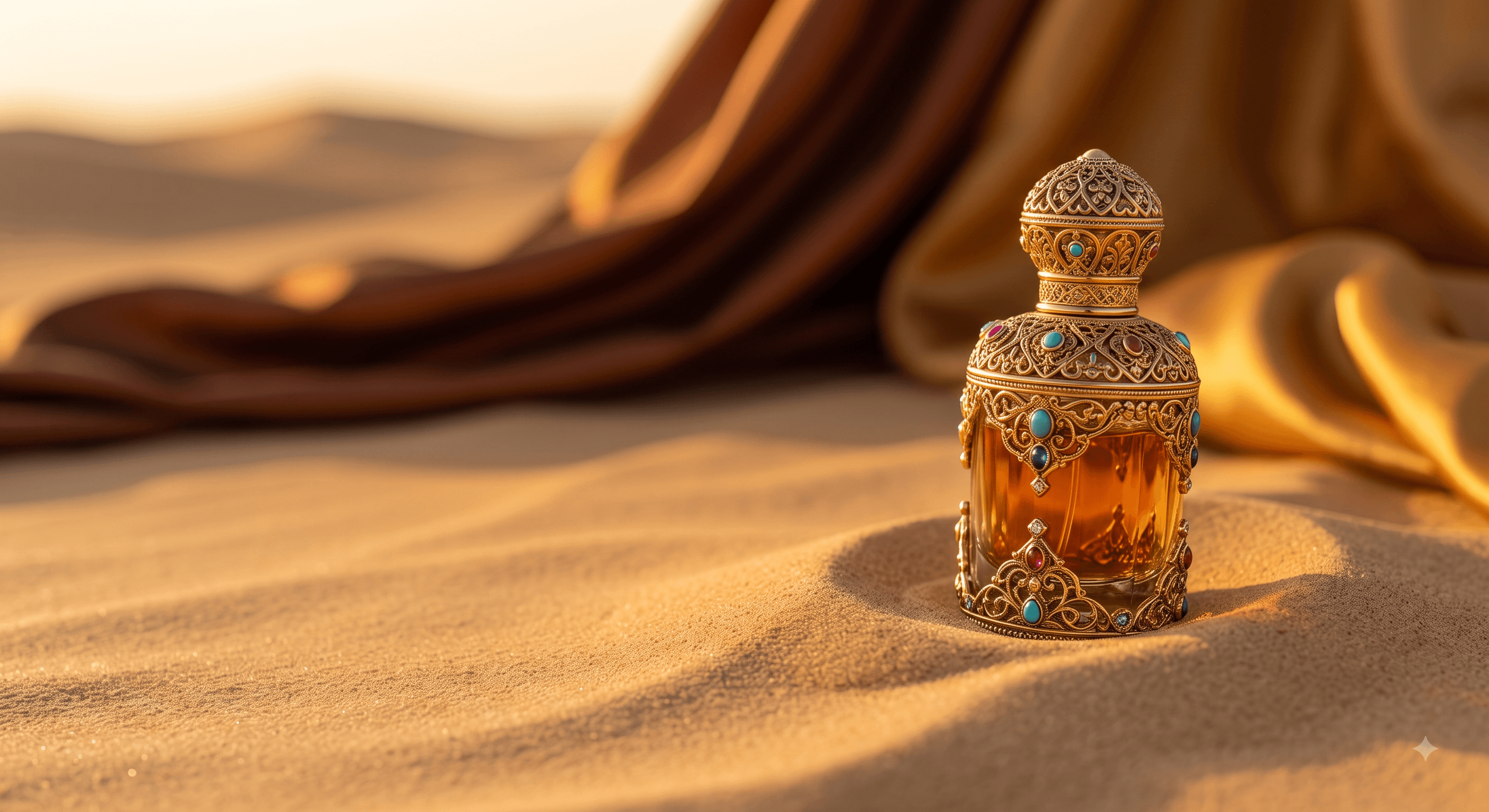 Frasco de perfume árabe dourado sobre areia do deserto ao pôr do sol