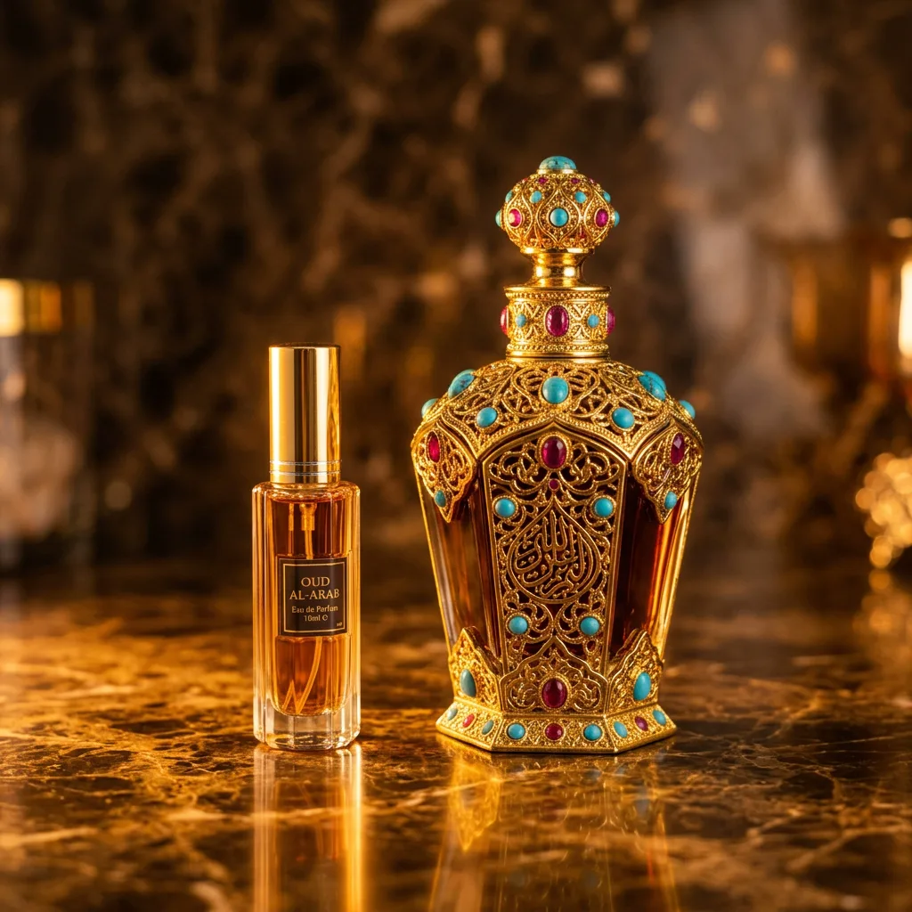 Frasco decant de 10ml ao lado do frasco original de perfume árabe